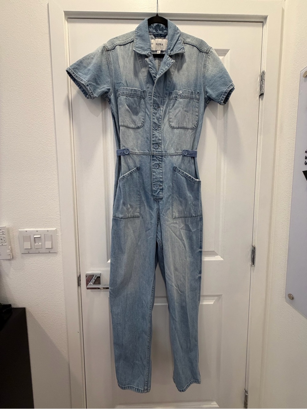 pistola Light Blue Short-Sleeve Denim Jumpsuit